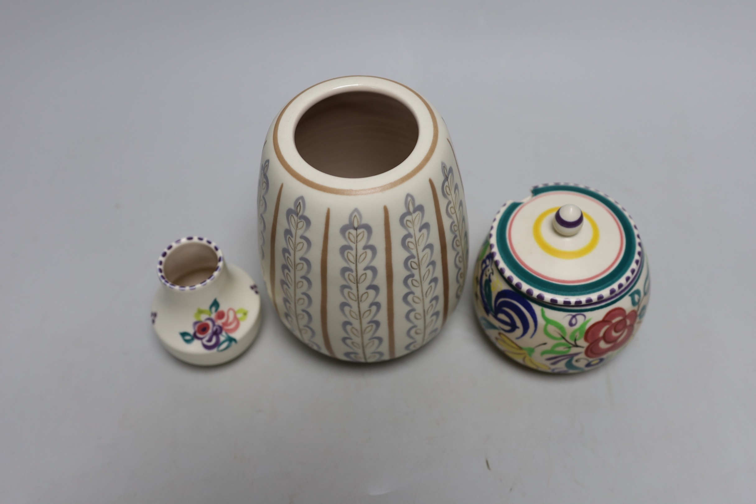 A Poole jam dish and cover, together with two Poole vases